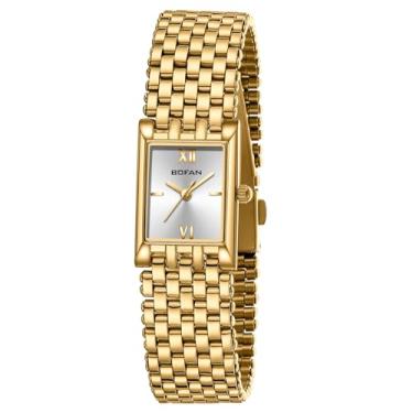 Imagem de BOFAN Relógios de pulso dourados femininos de luxo de quartzo com pulseira de aço inoxidável, à prova d'água. Relógio feminino casual pequeno de ouro. Ajuste de pulseira de ferramentas incluído., Ouro branco, relógio dourado