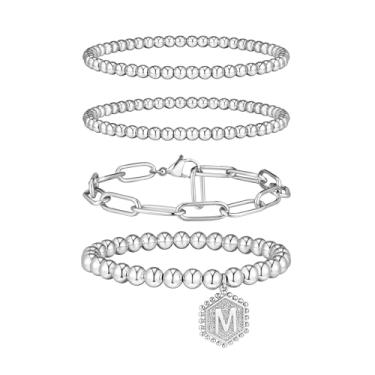 Imagem de Doubgood Pulseiras com contas de ouro para mulheres conjunto de pulseiras de contas empilháveis folheadas a ouro 14K pulseiras elásticas para mulheres presentes masculinos com pingente de letra, Cobre, Sem pedras preciosas