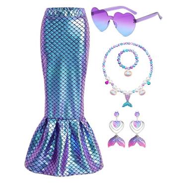 Imagem de Saias de cauda de peixe de sereia brilhante para meninas, vestidos festivais, saia longa com acessórios da mesma cor para crianças de 4 a 12 anos, Roxa, 6-7 Anos