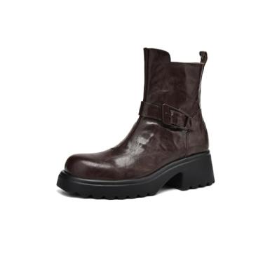 Imagem de TinaCus Bota feminina de couro legítimo, bico redondo, plataforma feita à mão, com zíper lateral, chique, cano curto, Marrom, 35