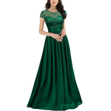 Imagem de Miusol Vestido longo feminino elegante com gola canoa e renda contrastante para madrinha de casamento, Verde escuro, XGG