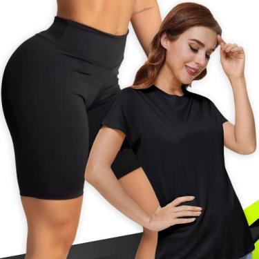 Imagem de Kit Short Legging BÁSICO Cós Alto + Camiseta Corrida Academia Fitness 