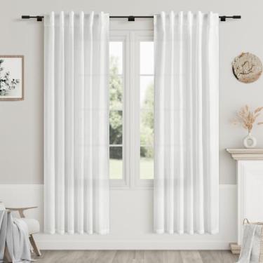 Imagem de Cortinas de linho semitransparentes brancas de 182 cm de comprimento para sala de estar, bolso traseiro, moderna, casa de fazenda, decoração costeira, cortinas brancas de gaze texturizadas, 182 cm de