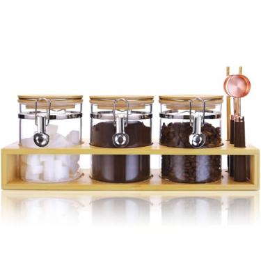 Imagem de Matifaner Potes De Vidro Para Armazenamento Açúcar E Café Com Prateleira Bambu Colher Balcão Cozinha, Recipientes Lacrados Chá Folhas Soltas, Grãos Café, Moído, Mascavo, 27 Onças Fluidas