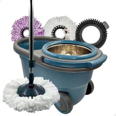 Imagem de Mop Giratório Cesto Inox Com Rodas 16L+ 4 Refis Limpeza Esfregão(16L Total-14L Uso C/Roda+4refi,Azul)