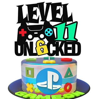 Imagem de Level Up Eleventh Birthday Cake Topper - Happy 11th Bday Double Sided for Video Game Controller Themed Kids Party Supplies