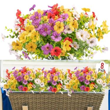 Imagem de WOHSEROM 8 pacotes de flores artificiais violeta ao ar livre, ambientes internos, resistentes a UV de seda falsa com folhas de eucalipto para varanda, jardim, casamento, plantadores (branco, roxo