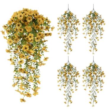 Imagem de EROCK Flores artificiais para atividades ao ar livre, 4 peças de flores de seda falsa para decoração resistente a UV e desbotamento, plantas e flores falsas realistas para varanda, pátio, varanda