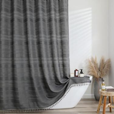 Imagem de OVZME Cortina de chuveiro cinza carvão 192 cm de comprimento, boho fazenda tecido listrado grosso hotel cortina de chuveiro com borla, minimalista, texturizada, pesada, lavável na máquina, decoração