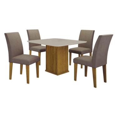 Imagem de Mesa de Jantar Napoli 90x90 Freijó Decor Off White com 4 Cadeiras MDF Freijó Joli Camurça - Leifer Móveis