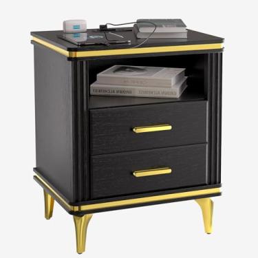 Imagem de Mesa de cabeceira preta com estação de carregamento, mesa de cabeceira com portas USB e tomadas, mesa de cabeceira com 2 gavetas, mesas laterais de cama para quarto, mesas de cabeceira modernas