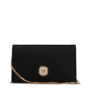 Imagem de Versace Bolsa clutch feminina de cetim e couro preta Medusa – Bolsa pequena para noite com ferragens Medusa, fecho de aba e forro de tecido – Bolsa de mão de designer de luxo