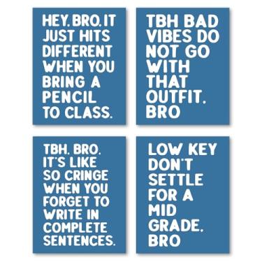 Imagem de Hxlac Conjunto de 4 impressões de arte de parede engraçadas para sala de aula, pôsteres do ensino médio, decoração de parede azul e branco, decoração de parede de sala de leitura engraçada, 20 x 25 cm