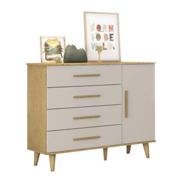 Imagem de Cômoda Infantil Retrô 4 Gavetas Com Fraldário Ludmila Off White Com Bétula Carolina Baby