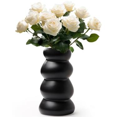 Imagem de BosilunLife Vaso de cerâmica com design de bolhas empilhadas – Vaso de flores escultural moderno boho para decoração de casa, prateleira ou mesa de centro de mesa (preto)