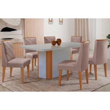 Imagem de Conjunto Sala de Jantar Pietá c/ Tampo Madeirado c/ Vidro Canto Curvo 180x90cm e 6 Cadeiras Pietá Madeira Maciça Naturale/Off White - Capuccino/Linho 