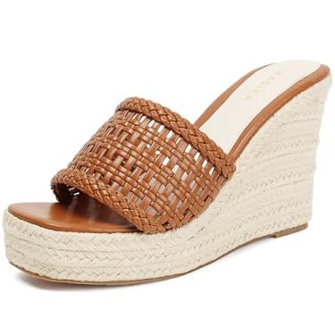 Imagem de MASIKA sandálias femininas, sapatos plataforma confortáveis em forma de cunha, salto alto de superfície trançada, chinelos de praia de verão., Marrom, 36