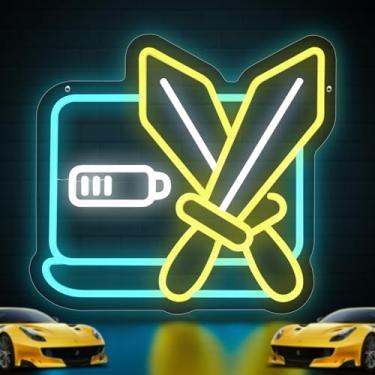 Imagem de Placa neon para decoração de parede, luz neon gamer para caverna masculina, placa de LED de espadas cruzadas com interruptor de escurecimento para meninos, crianças, sala de jogos de adolescentes