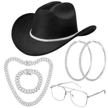 Imagem de Yearntown 5 peças de chapéus de cowboy pretos prateados com glitter para mulheres, chapéu de cowboy com strass brilhante, colar e pulseira de brinco