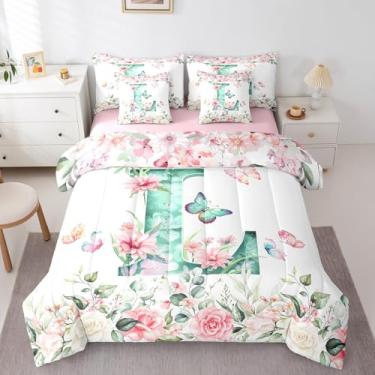 Imagem de Erosebridal Conjunto de cama com letra G, letra G, letra G, para crianças, meninos, meninas, verde e letra G, conjunto de cama solteiro, 7 peças, flores rosa, plantas de jardim, conjunto de cama