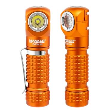 Imagem de Lanterna de cabeça recarregável Manker E03H III - Mini lanterna de bolso de 1200 lúmens com clipe - Lanterna de ângulo reto AA de 90 graus EDC com faixa de cabeça e cauda magnética (laranja)