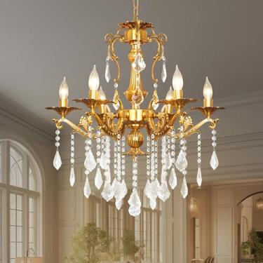 Imagem de Lustre de cristal de cobre de luxo, luminária pendente de cristal K9 vintage de 61 cm com 6 luzes, luminária de teto com acabamento em latão antigo com braços enrolados para sala de jantar, sala de