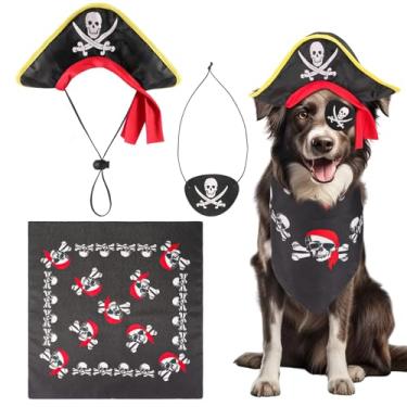 Imagem de QKURT 3 peças fantasia de pirata de cachorro, chapéu de capitão de estimação, pirata, caveira, triângulo, bandana, kit de fantasia para animais de estimação, kit de fantasia para Halloween, Natal