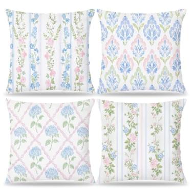Imagem de XUISWELL 831 Capas de travesseiro florais de hortênsia Grandmillennial rosa e azul verde 45,7 x 45,7 cm, rosa e azul verde cottage core Grand Millenial fronha para quarto de bebê, quarto de meninas
