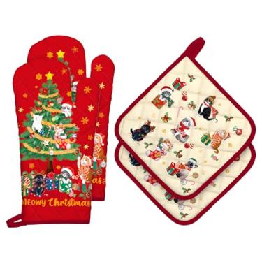 Imagem de Arquiel Conjunto de luvas de forno e suportes de panela para gatos de árvore de Natal, 4 peças, 100% algodão, resistentes ao calor, luvas de forno extralongas para cozinha, cozinha, decoração de