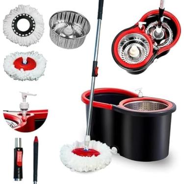 Imagem de Mop Giratório Premium com Balde, Sistema de Centrifugação em Inox, Cabo Ajustável 104-125cm, Capacidade 13L, Vermelho e Preto, para Pisos e Porcelanatos