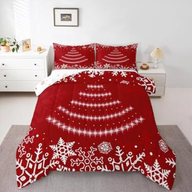 Imagem de Feelyou Conjunto de edredom casal de árvore de Natal, floco de neve, para crianças, meninos, meninas, temática de Natal, edredom para decoração de quarto de microfibra, 3 peças com 2 fronhas