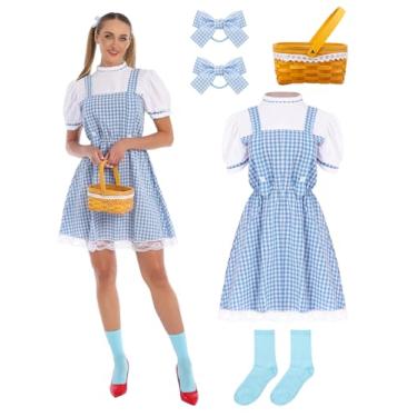 Imagem de POEWAUVE Vestido xadrez azul adulto fantasia de Halloween para mulheres (M)