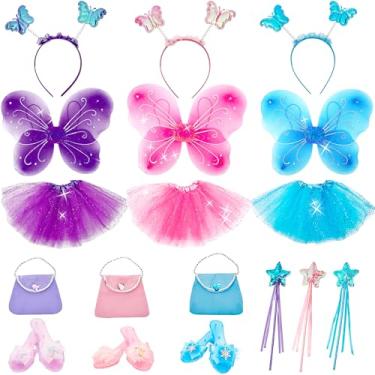 Imagem de 3 Sets Butterfly Fairy Costume for Girls Including Butterfly Wings Tutu Skirt Wand Shoes Headband Pink Bag Princess Dress Up Costumes Set for Halloween, 3 Colors