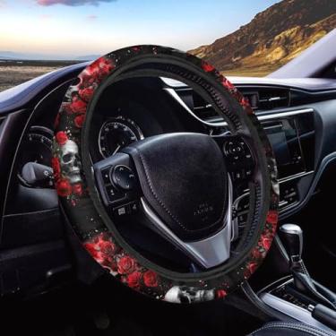 Imagem de Bulopur Capa de volante de carro gótica, caveira e rosa, acessórios de carro, capa de volante de Halloween, tecido elástico universal para rodas de 38 cm, decoração de interiores automotivos