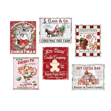 Imagem de Dazzlewall 6 peças de impressão de arte de parede de Natal vermelha rústica, vintage homem de gengibre, Papai Noel, decoração de parede, placa para decoração de quarto de Natal, sala de estar, 20 x 25