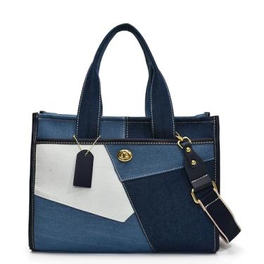 Imagem de Bolsa feminina jeans de lona, emenda de dois tons, detalhes em couro, média, 3 - Azul, Medium