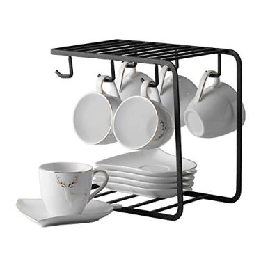 Imagem de Caneca Xícaras de Café Expresso de Porcelana com Pires e Colheres Conjunto de Xícara de Café e Pires 145 g Decoração de Borda Dourada e Conjunto de Chá de Suporte de Metal Preto, Conjunto de 6 Canecas