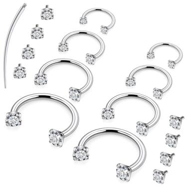 Imagem de Hnxnskt Anel de nariz de ferradura de aço cirúrgico duplo piercing de nariz 16G anéis labiais zircônia cúbica Daith piercing joia para mulheres diâmetro interno 6 mm/8 mm/10 mm/12 mm, 8 peças, Metal