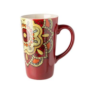 Imagem de GRFIT Caneca estilo étnico retro pintada à mão xícara de café grande copo longo copo de cerâmica copo de cerâmica home office copo de beber com tampa colher 500ml caneca de café (cor: Rojo, Tamanho