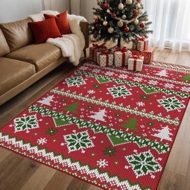 Imagem de Tapete de Natal 13 x 18 cm, lavável na máquina, antiderrapante, tapete de pilha baixa para decoração de férias, tapetes de floco de neve para sala de estar, quarto, sala de jantar, estampa de árvore