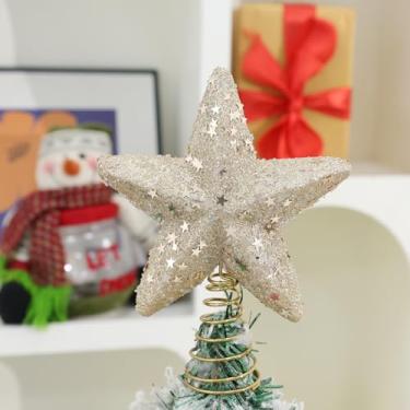 Imagem de Enfeite de árvore de Natal com estrela, enfeite de árvore de Natal brilhante, enfeite de decoração de Natal para guirlanda festiva versátil de Natal (cor champanhe, 18 x 15 x 4 cm)