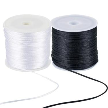 Imagem de 2 rolos de cordão de seda preto e branco para fabricação de joias, cordão de cetim de nylon de 1 mm, cordão de contas sedosas, 64 metros de cordão de nó chinês para pulseiras Kumihimo e chaveiro