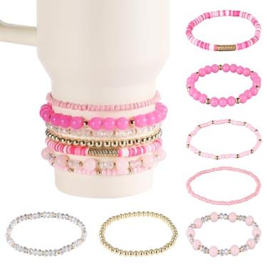 Imagem de 7 peças de pulseiras para Stanley Cup, pulseira de design diferente, empilhar contas delicadas, decoração de pulseiras, acessórios para copo de 1,134 g, 850 g e copos de 7,6 cm de diâmetro (rosa