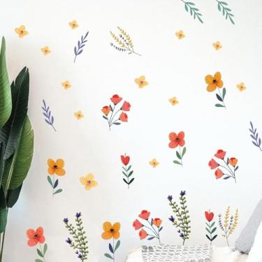 Imagem de 2 peças de papel de parede de flores, adesivos de flores boêmios, papel de parede floral, descascar e colar, decalques de parede de flores retrôs, adesivos de parede estéticos coloridos para berçário