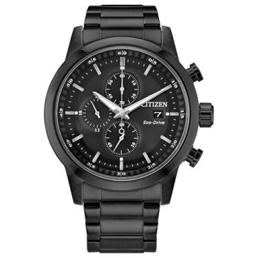 Imagem de Citizen Relógio masculino casual esportivo Eco-Drive, pulseira preta de aço inoxidável, mostrador preto, cronógrafo (modelo: CA0747-82E)