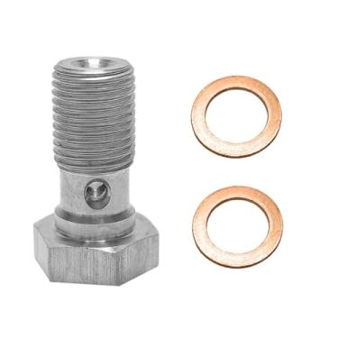 Imagem de M10x1.0 Adaptador de encaixe de freio de parafuso banjo métrico de aço inoxidável 20 mm com arruelas de cobre, compatível com encaixe de mangueira de freio M10 Banjo para instalação segura e sem