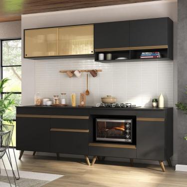 Imagem de Armário De Cozinha Modulada Compacta 225cm Com Balcão Para Cooktop Veneza Multimóveis Mp2263 Preto Dourado