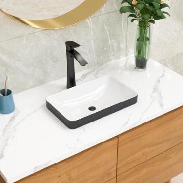 Imagem de Lordear Pia de banheiro retangular Vessel Sink 48 cm x 30 cm semi embutida 12 cm de profundidade retangular branca cerâmica moderna lavatório de banho acima do balcão