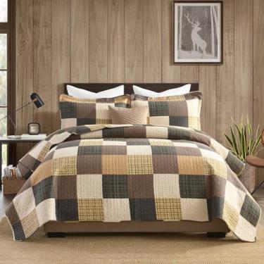 Imagem de FineStichery Conjunto de colcha King 100% algodão, colcha King com fronhas, xadrez de patchwork de fazenda, leve, macio, conjunto de cama com edredom acolchoado, marrom/bege/carvão/verde