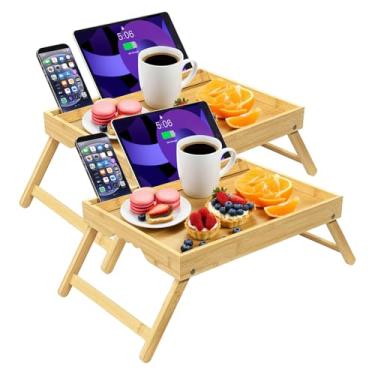 Imagem de WAAYAA Pacote com 2 bandejas de cama de bambu com compartimento de mídia destacável, bandeja de café da manhã com pernas dobráveis para cama, mesa de colo para laptop e leitura, alças fáceis de